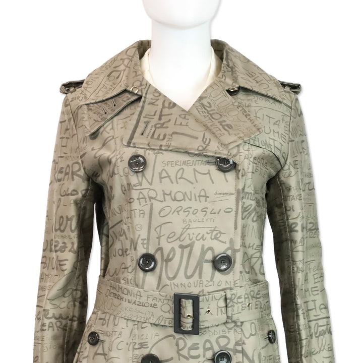Herno 70th Anniversary Grey Allover Text Print Belted Trench Coat