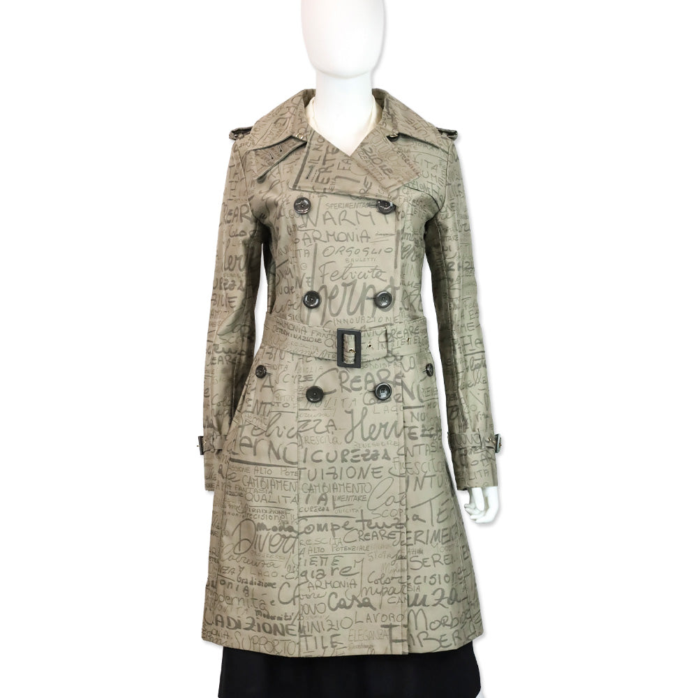 Herno 70th Anniversary Grey Allover Text Print Belted Trench Coat