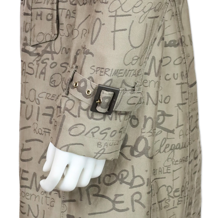 Herno 70th Anniversary Grey Allover Text Print Belted Trench Coat