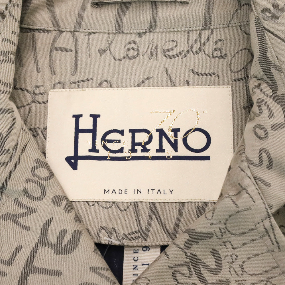 Herno 70th Anniversary Grey Allover Text Print Belted Trench Coat