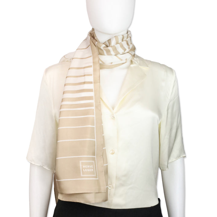 Herve Leger Beige and White Striped Silk Scarf