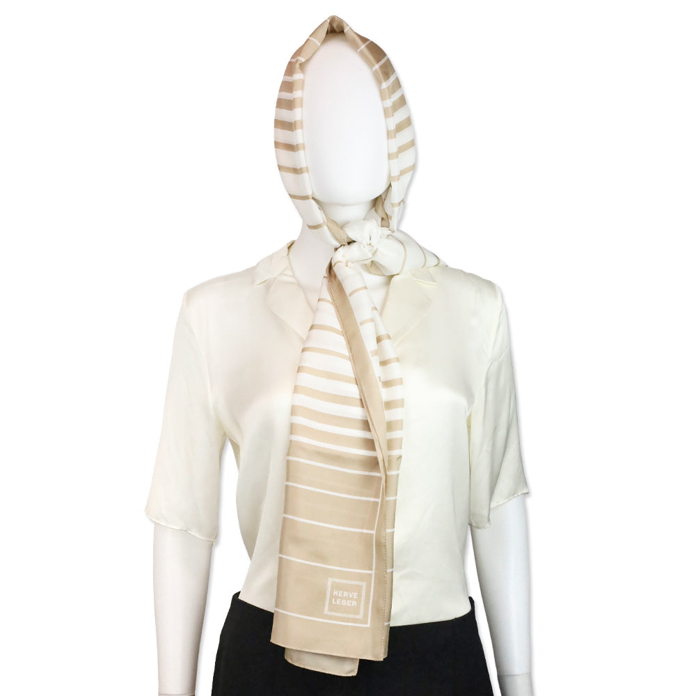 Herve Leger Beige and White Striped Silk Scarf