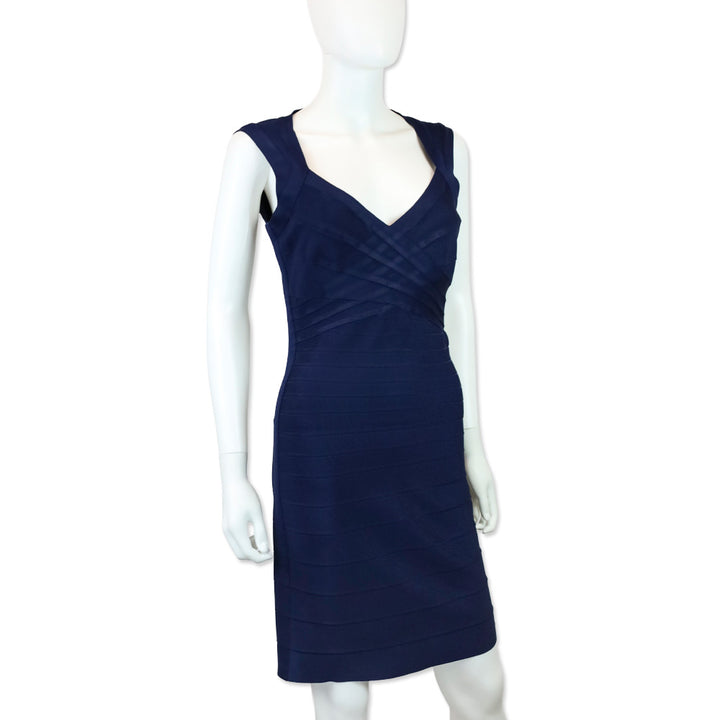 Herve Leger Navy V-Neck Sleeveless Flared Hem Bandage Dress