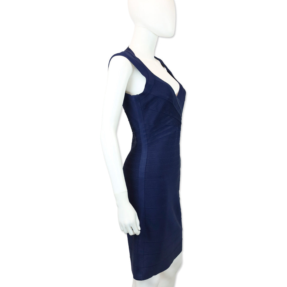 Herve Leger Navy V-Neck Sleeveless Flared Hem Bandage Dress