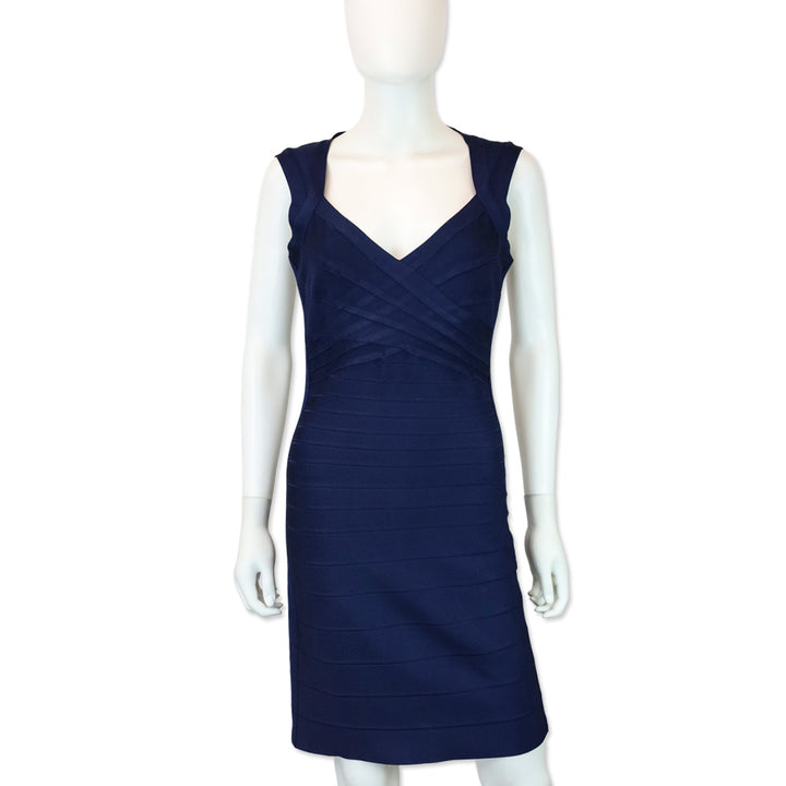 Herve Leger Navy V-Neck Sleeveless Flared Hem Bandage Dress