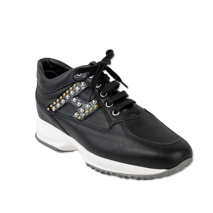 Hogan Black Leather Studded Logo Low Top Sneakers