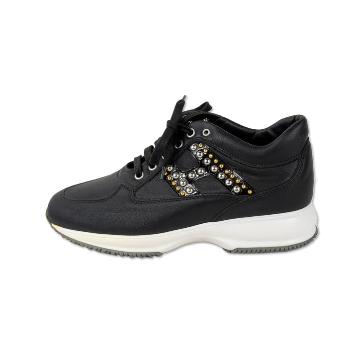 Hogan Black Leather Studded Logo Low Top Sneakers