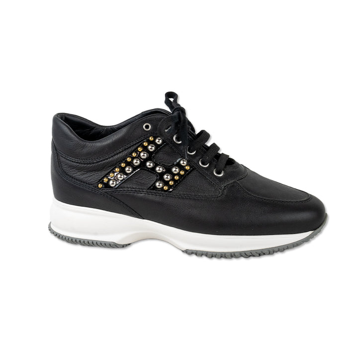 Hogan Black Leather Studded Logo Low Top Sneakers