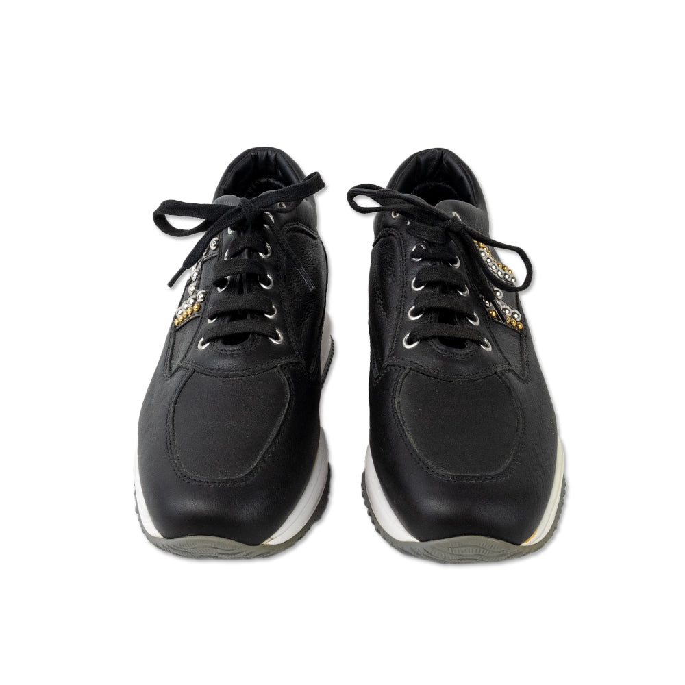 Hogan Black Leather Studded Logo Low Top Sneakers