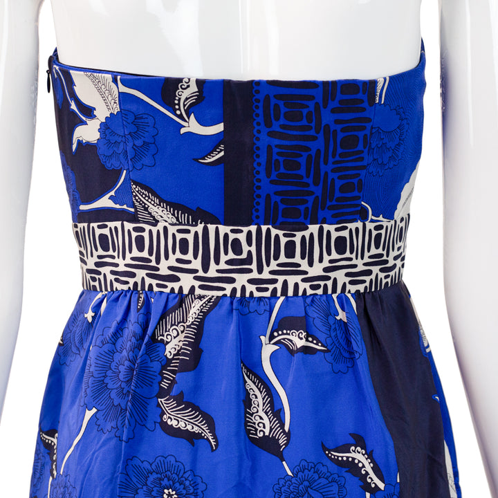 Tibi Blue Printed Silk Strapless Mini Dress