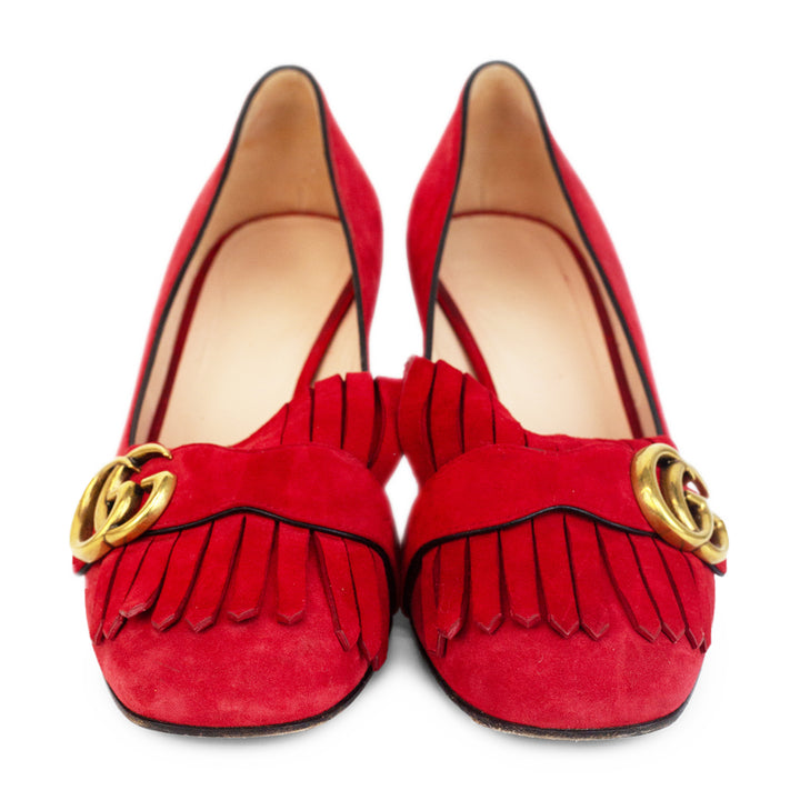 Gucci Red Suede Marmont Fringe Pumps