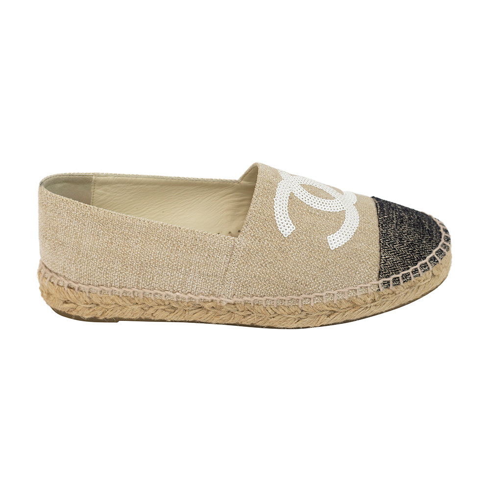 Chanel Beige & Black Sequin Espadrille Flats