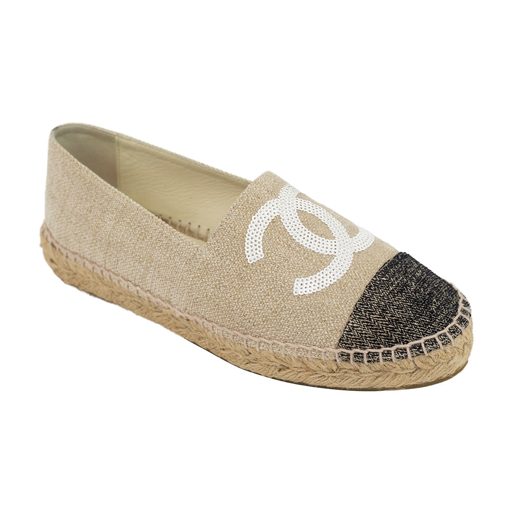 Chanel Beige & Black Sequin Espadrille Flats