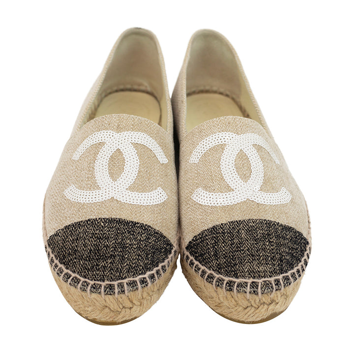 Chanel Beige & Black Sequin Espadrille Flats