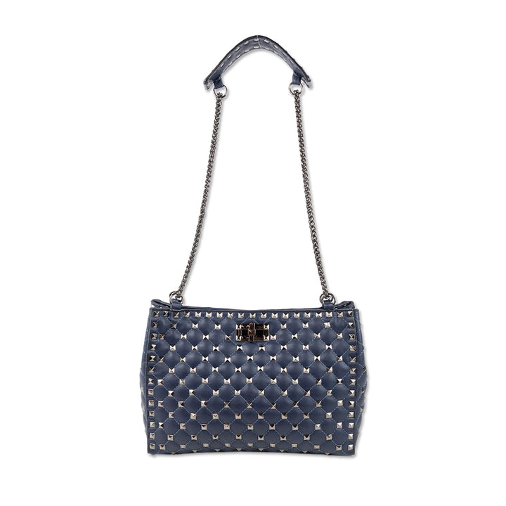 Inzi Navy Pleated Leather Shoulder Bag with Gunmetal Studs