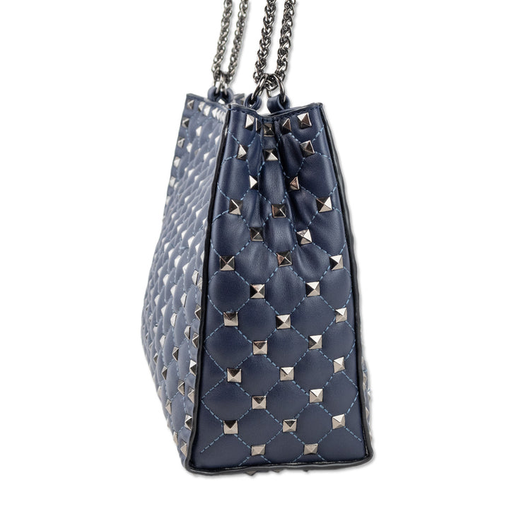 Inzi Navy Pleated Leather Shoulder Bag with Gunmetal Studs