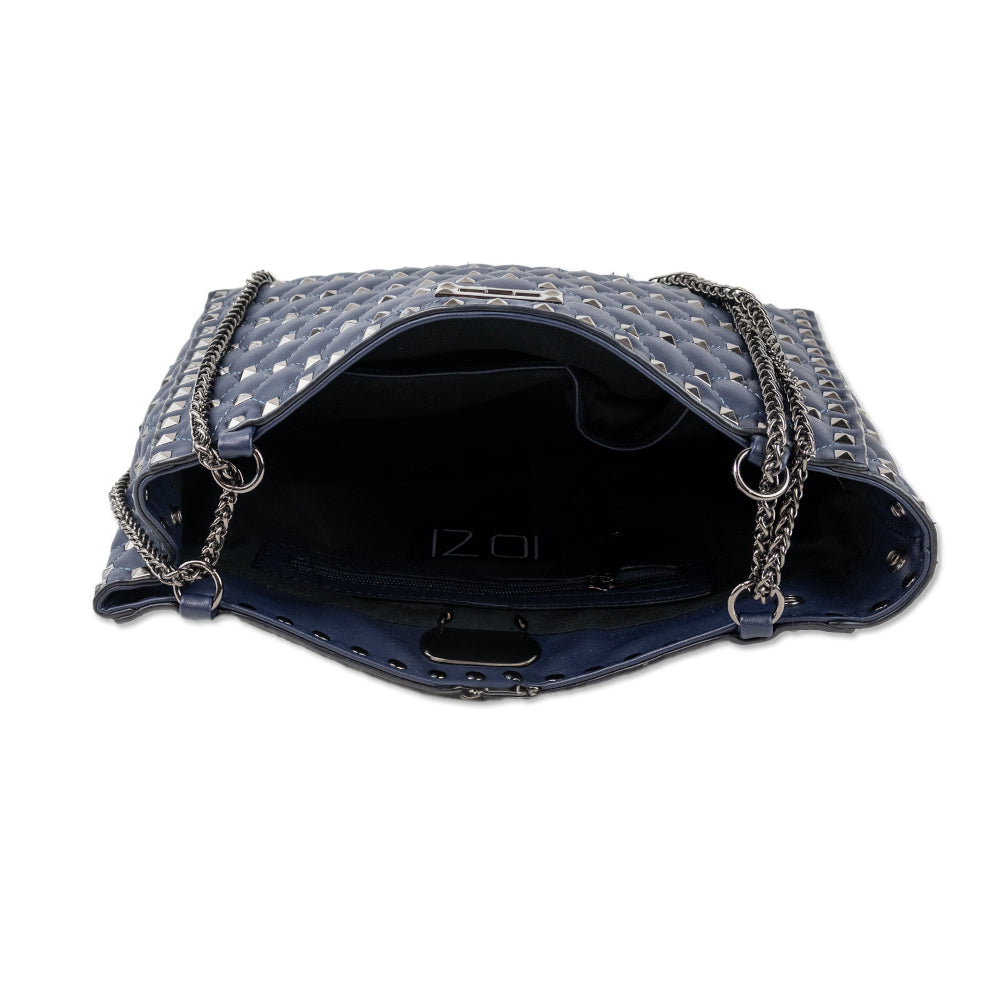 Inzi Navy Pleated Leather Shoulder Bag with Gunmetal Studs