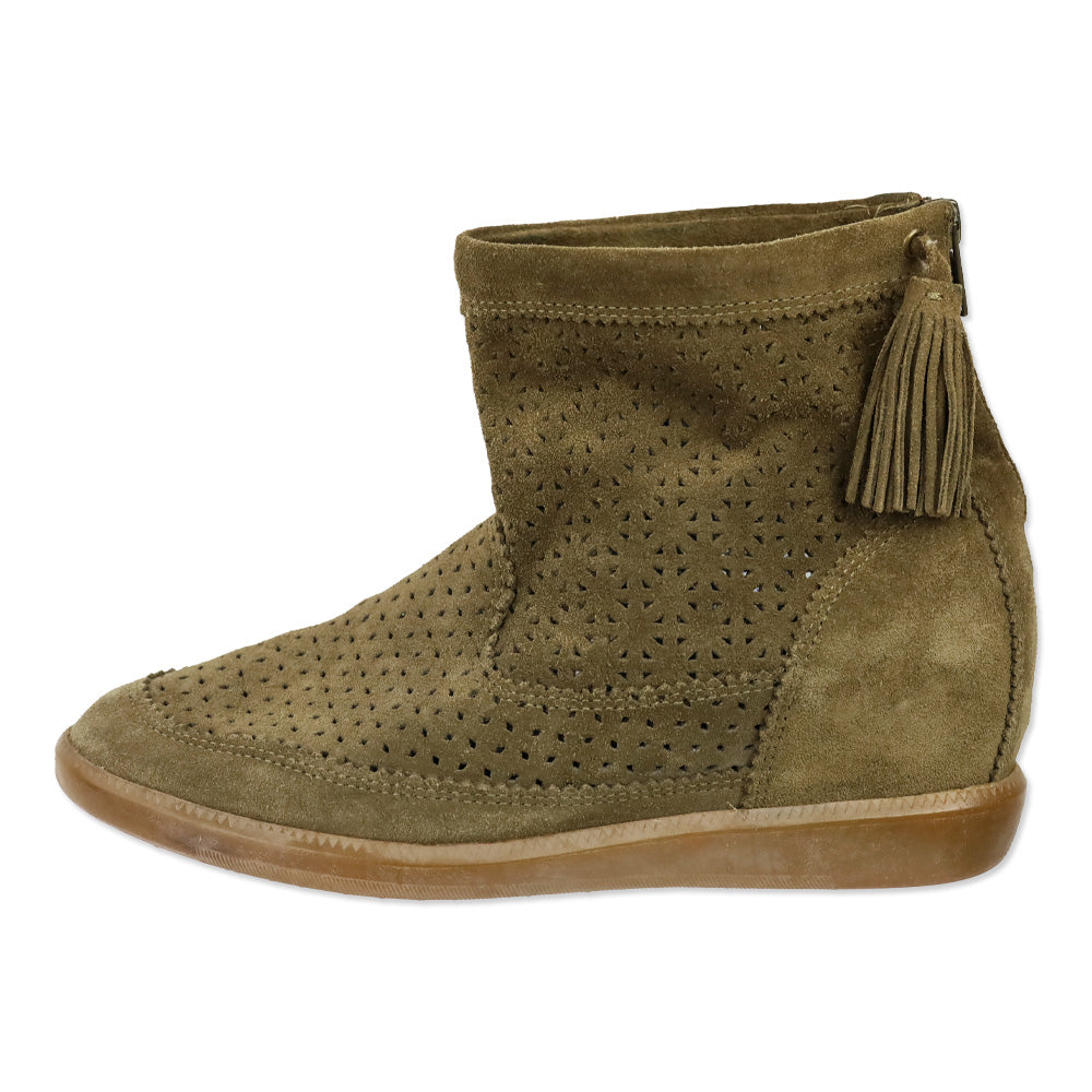 Isabel Marant Beslay Brown Perforated Suede Tassel Wedge Ankle Boot