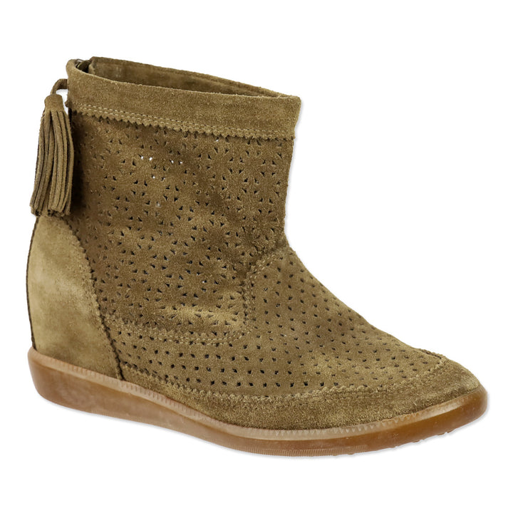 Isabel Marant Beslay Brown Perforated Suede Tassel Wedge Ankle Boot