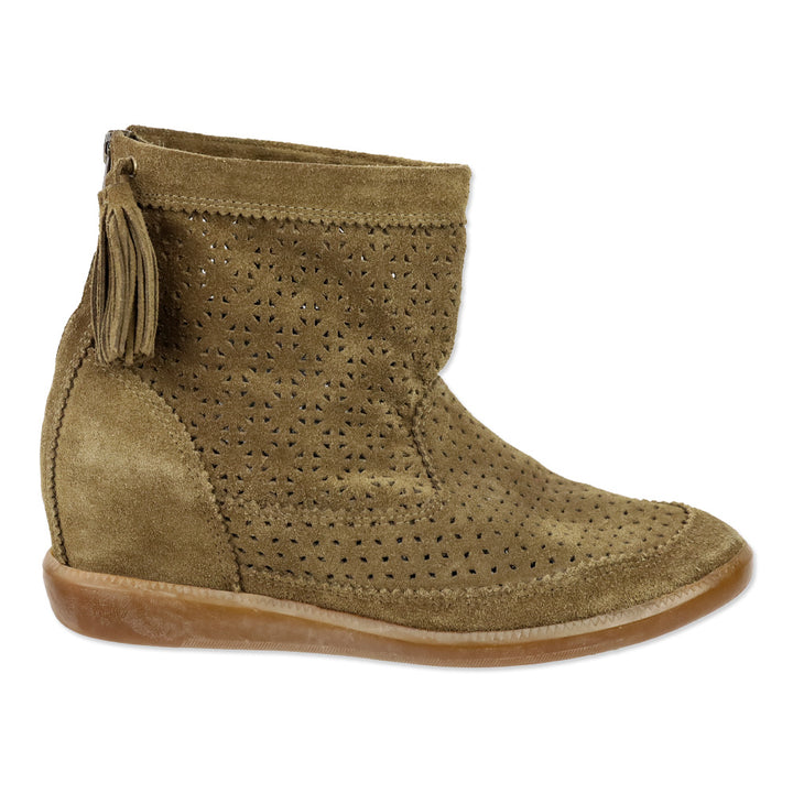 Isabel Marant Beslay Brown Perforated Suede Tassel Wedge Ankle Boot