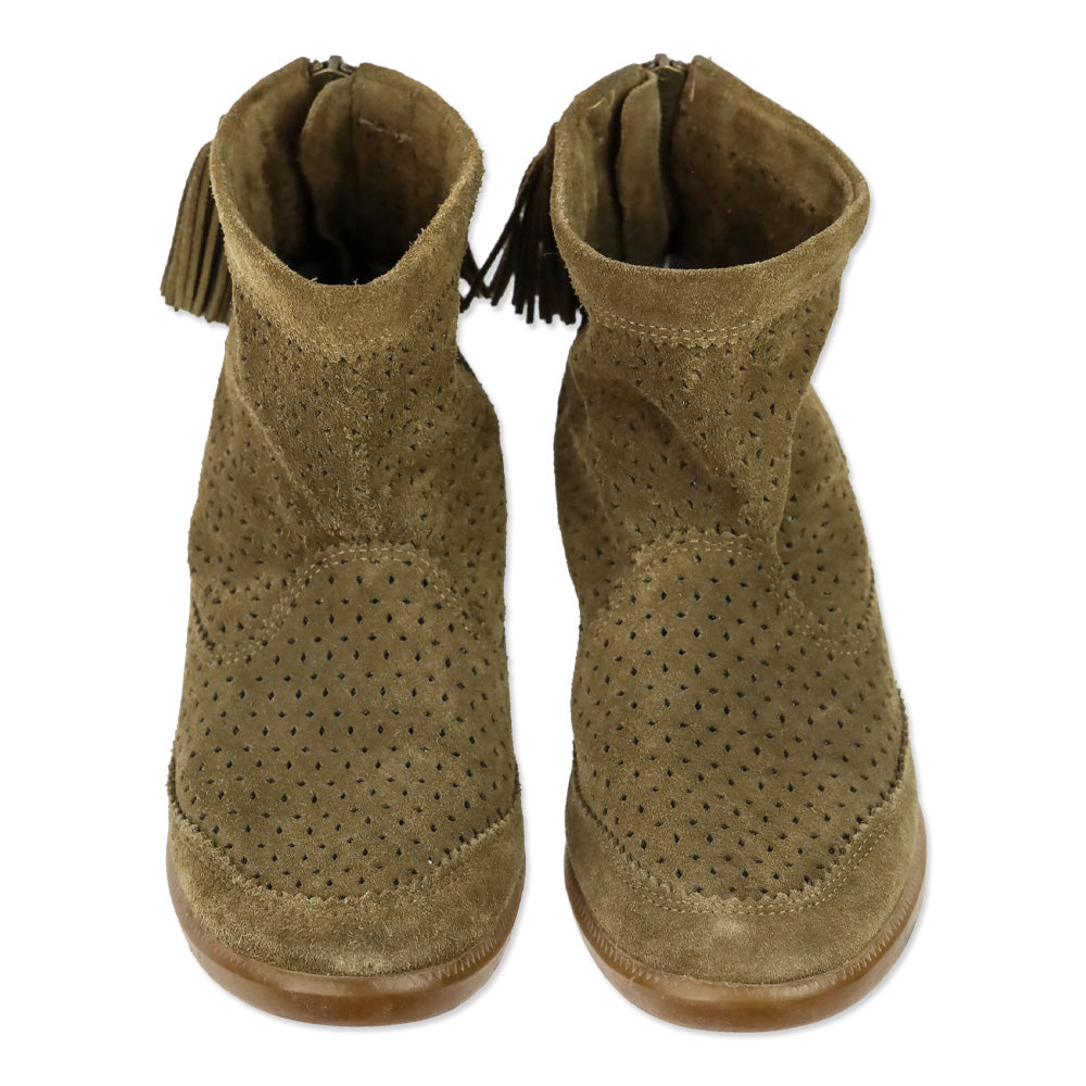 Isabel Marant Beslay Brown Perforated Suede Tassel Wedge Ankle Boot