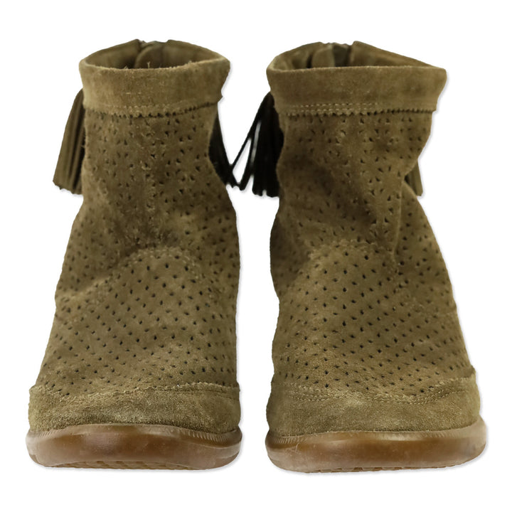 Isabel Marant Beslay Brown Perforated Suede Tassel Wedge Ankle Boot