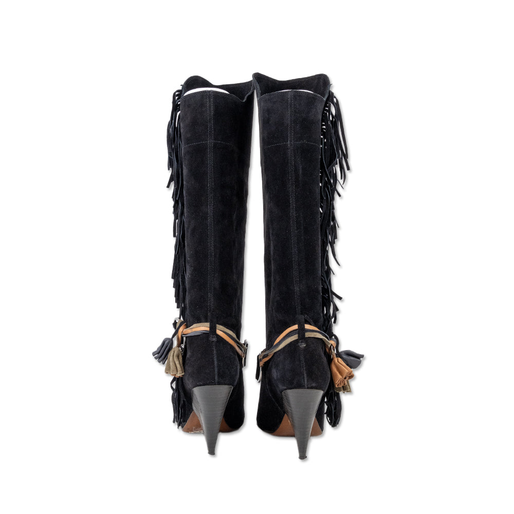 Isabel Marant Black Suede Fringe Calf Western Boots