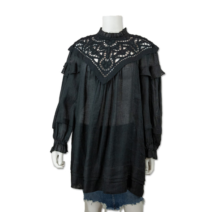 Isabel Marant Black Tunic Top with Cut Out Ruffled Neckline