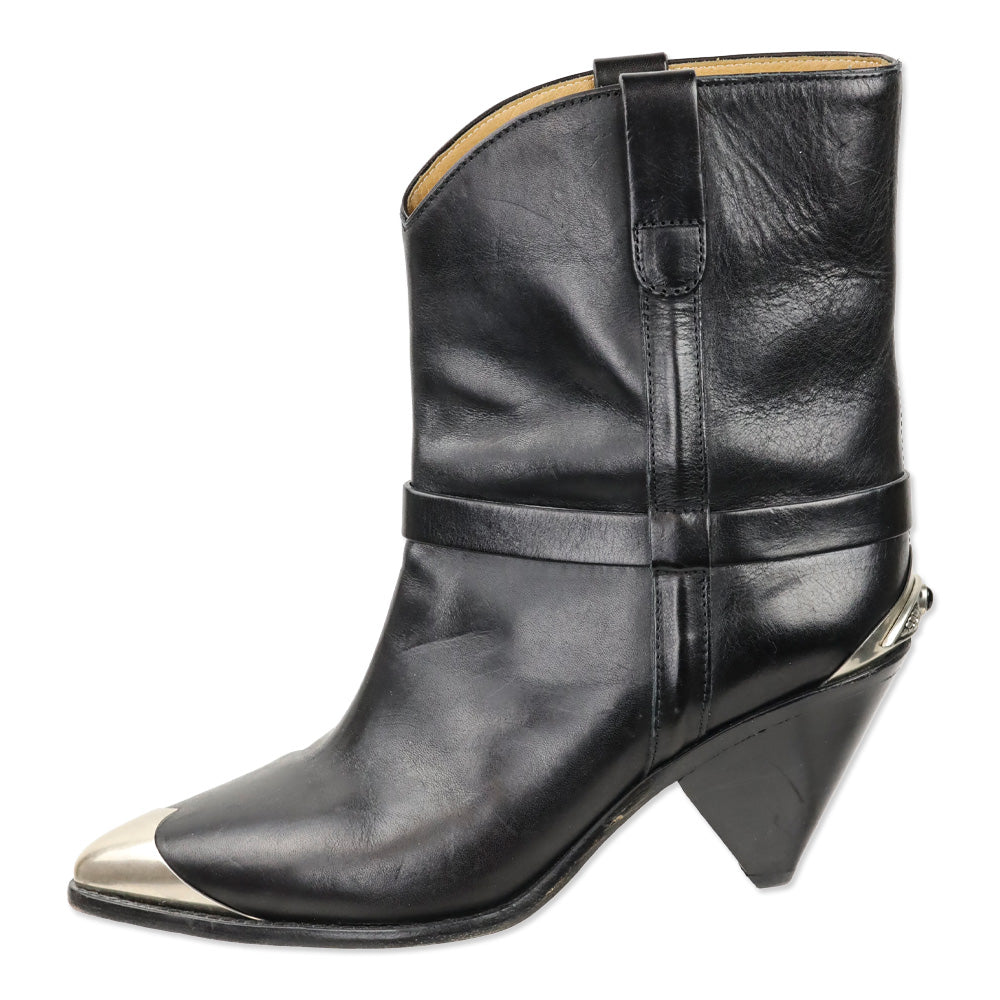 Isabel Marant Lamsy Black Leather Metal Toe Cowboy Ankle Boots