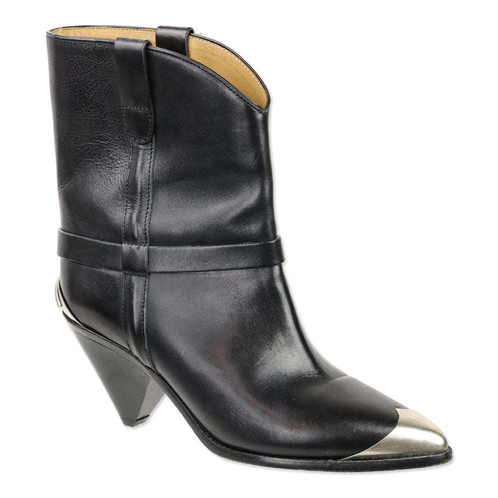 Isabel Marant Lamsy Black Leather Metal Toe Cowboy Ankle Boots