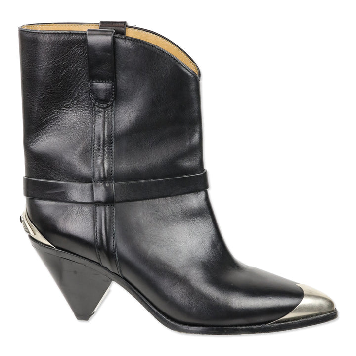 Isabel Marant Lamsy Black Leather Metal Toe Cowboy Ankle Boots