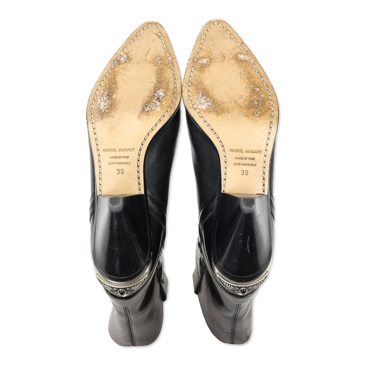 Isabel Marant Lamsy Black Leather Metal Toe Cowboy Ankle Boots