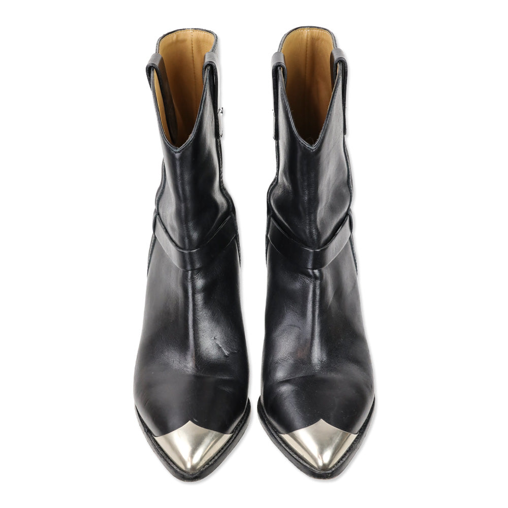 Isabel Marant Lamsy Black Leather Metal Toe Cowboy Ankle Boots