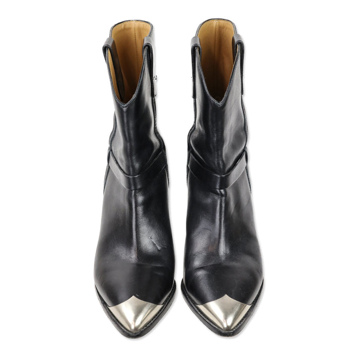 Isabel Marant Lamsy Black Leather Metal Toe Cowboy Ankle Boots