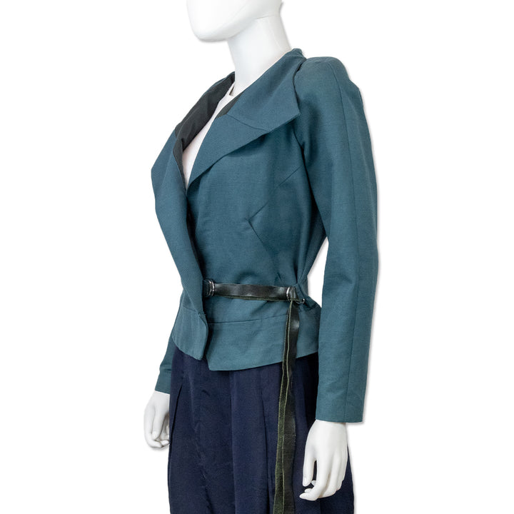 Isabel Marant Teal Cotton Linen Blend Biker Blazer with Leather Belt