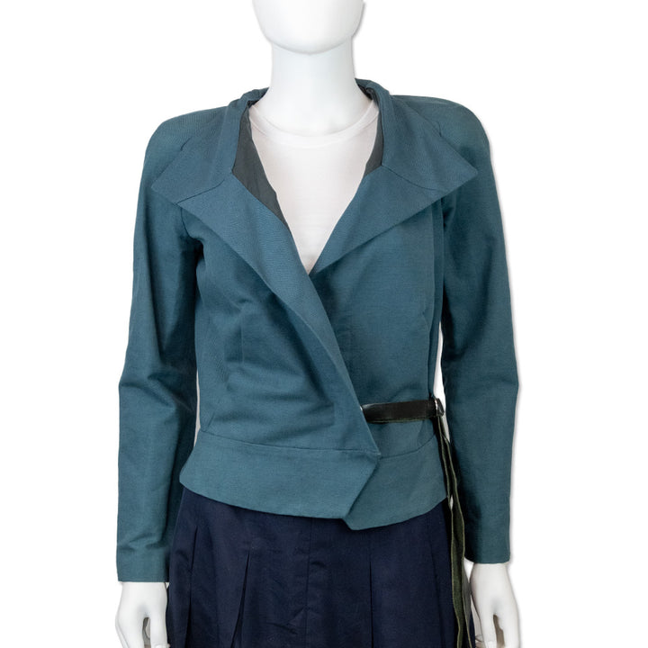 Isabel Marant Teal Cotton Linen Blend Biker Blazer with Leather Belt