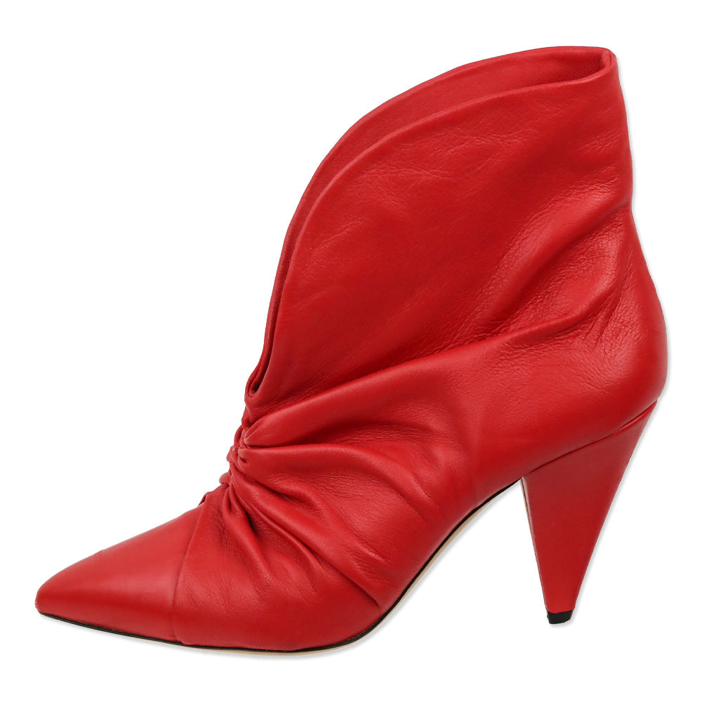 Isabel Marant Lasteen Red Ruched Leather Ankle Booties
