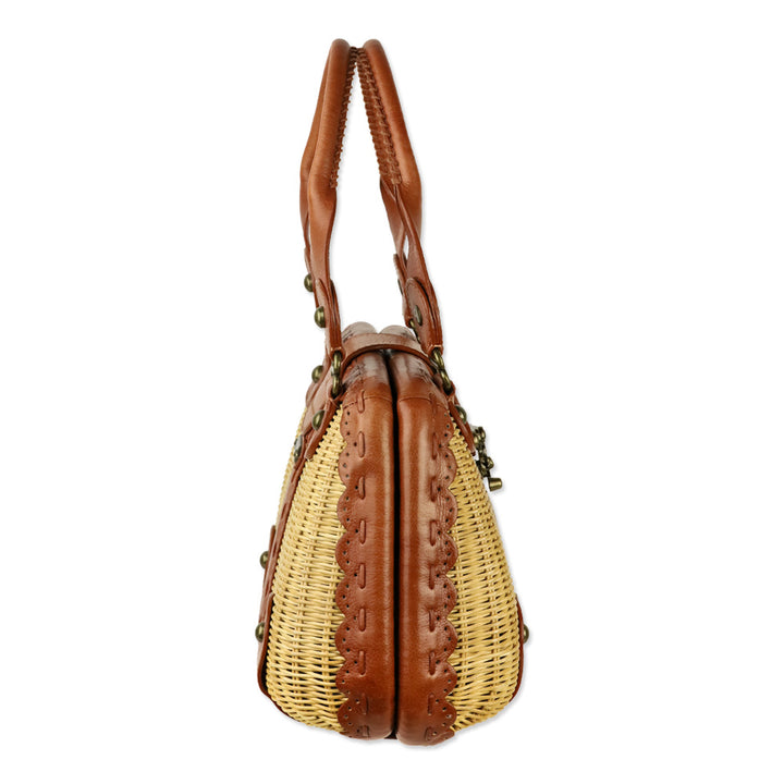 Isabella Fiore Wicker Basket Satchel With Tan Leather Trim