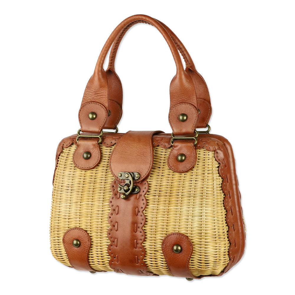 Isabella Fiore Wicker Basket Satchel With Tan Leather Trim