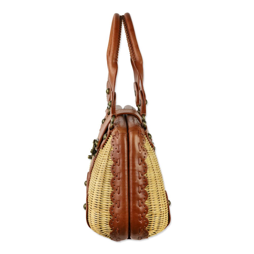 Isabella Fiore Wicker Basket Satchel With Tan Leather Trim