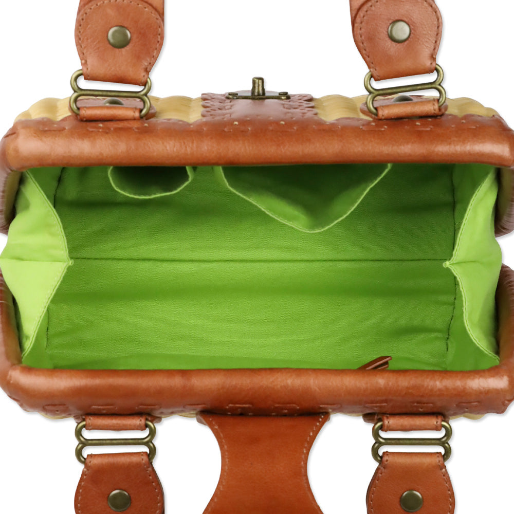 Isabella Fiore Wicker Basket Satchel With Tan Leather Trim