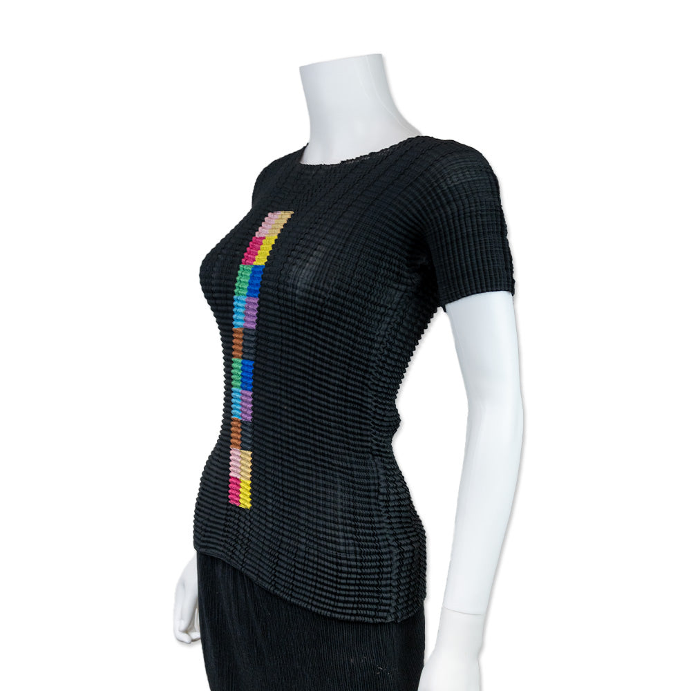 Issey Miyake Black Crimped Pleat Top with Rainbow Check Pattern