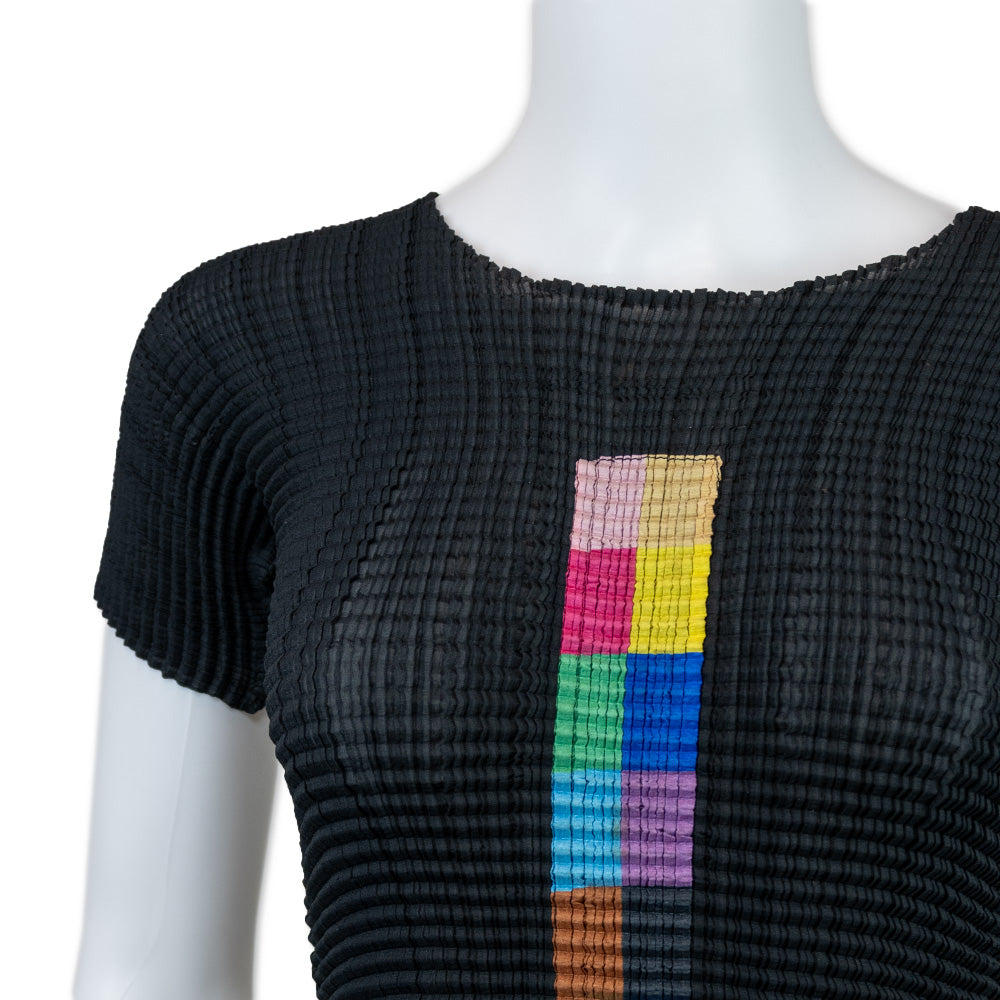 Issey Miyake Black Crimped Pleat Top with Rainbow Check Pattern