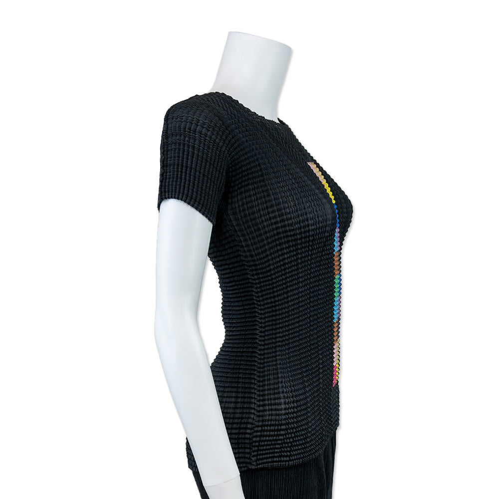 Issey Miyake Black Crimped Pleat Top with Rainbow Check Pattern