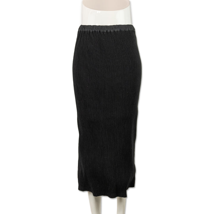 Issey Miyake Black Pleated Midi Skirt with Elastic Waistband