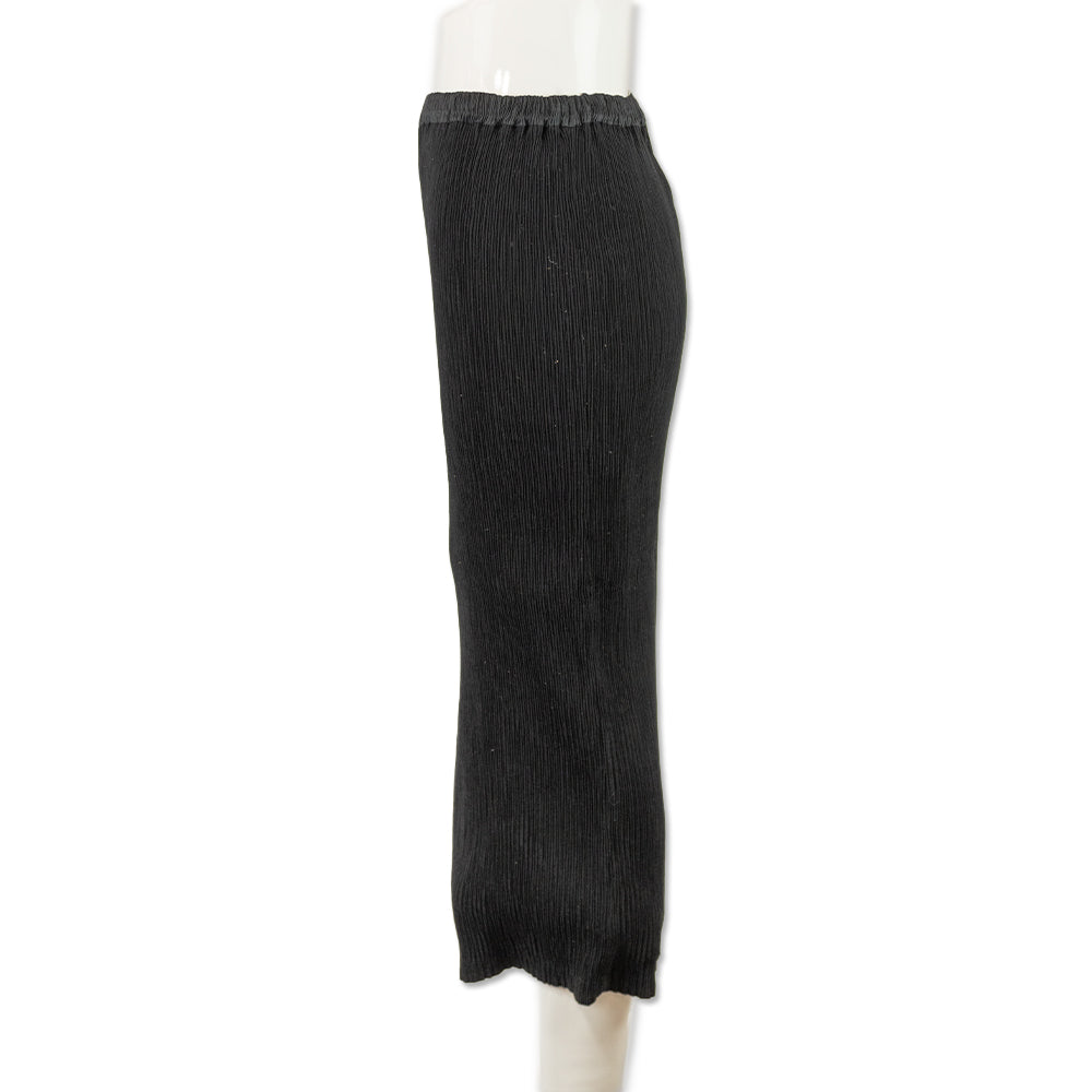 Issey Miyake Black Pleated Midi Skirt with Elastic Waistband