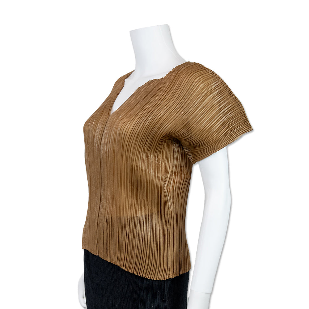 Issey Miyake Brown V Neck Pleated Top with an Iridescent Finish