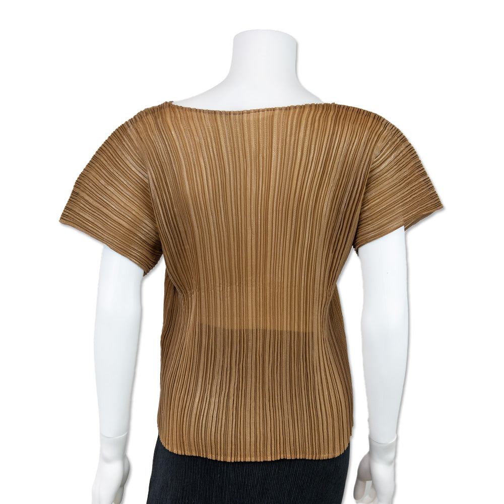 Issey Miyake Brown V Neck Pleated Top with an Iridescent Finish