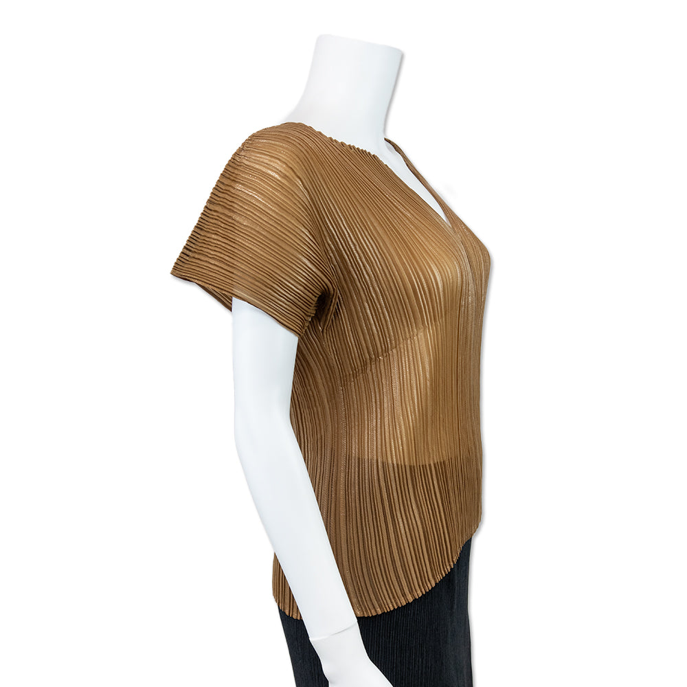 Issey Miyake Brown V Neck Pleated Top with an Iridescent Finish