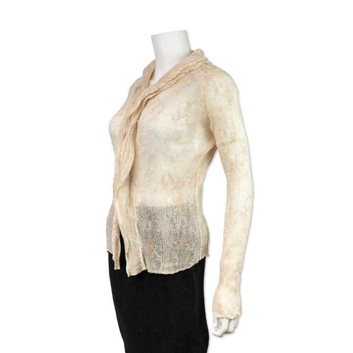 Issey Miyake Fete Cream Pleated Open Front Cardigan with Embroidery